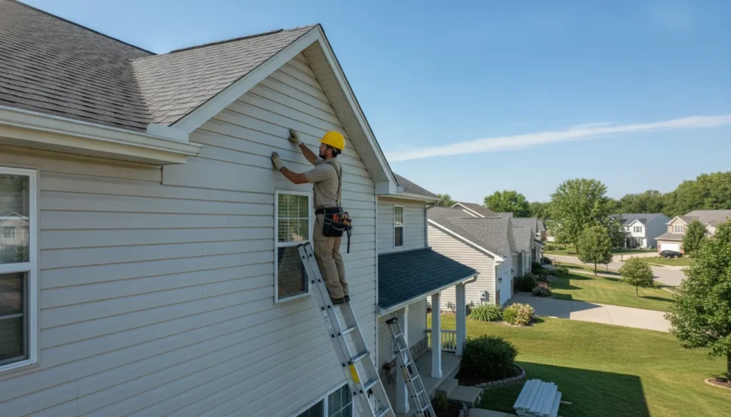 Siding contractor installing vinyl siding panels on a Minnesota home
