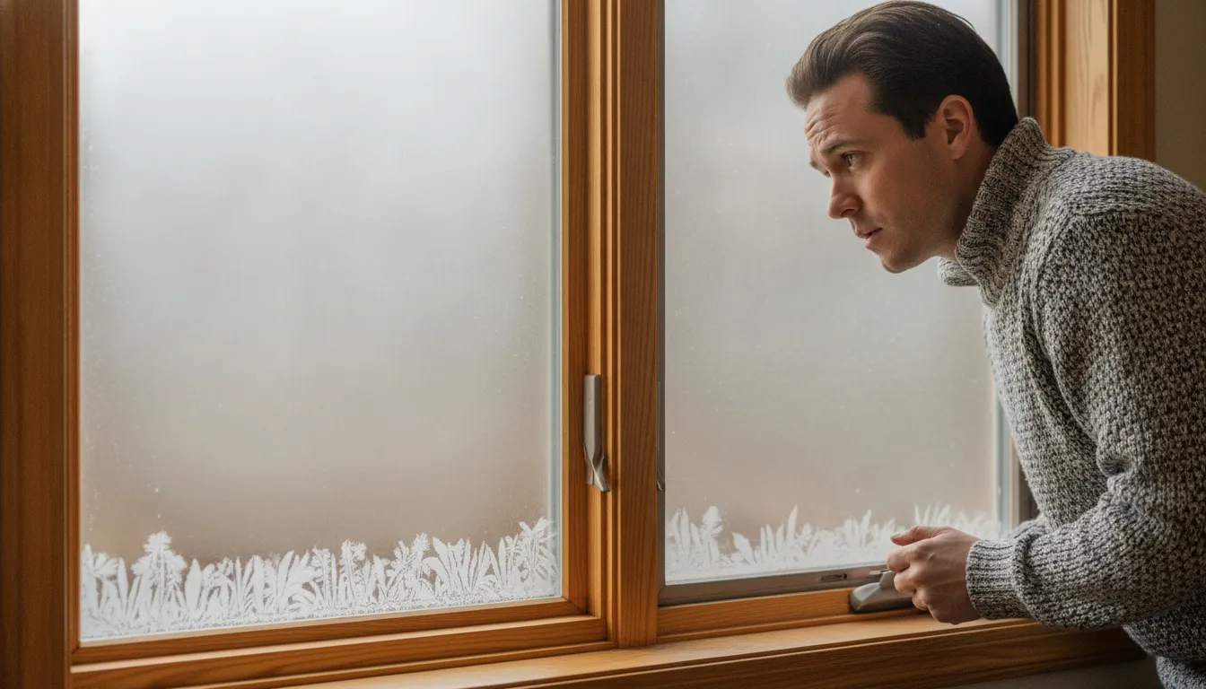 Foggy double-pane window with condensation trapped between panes inside a Minnesota home