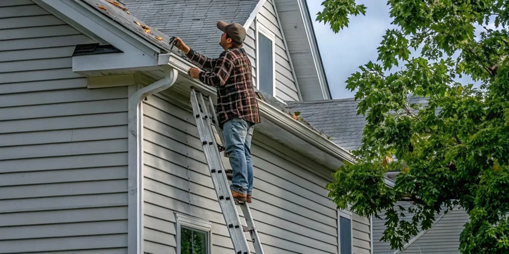 Minnesota homeowner clearing autumn leaves from a roof gutter on a ladder beside a two-story house with siding and windows