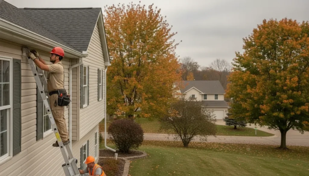 Contractor inspecting gutters on a Minnesota home