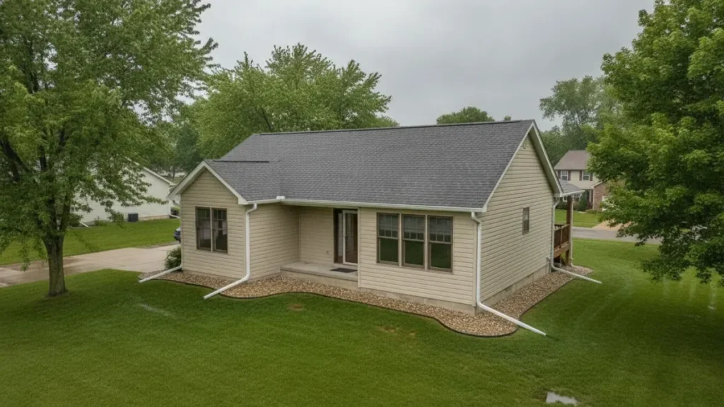 Minnesota home with gutters and downspouts after rain