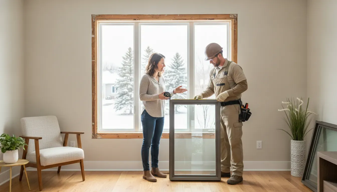 Homeowner and installer reviewing a new window installation opening
