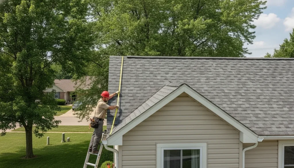 Minnesota roofer measuring a small asphalt shingle roof section