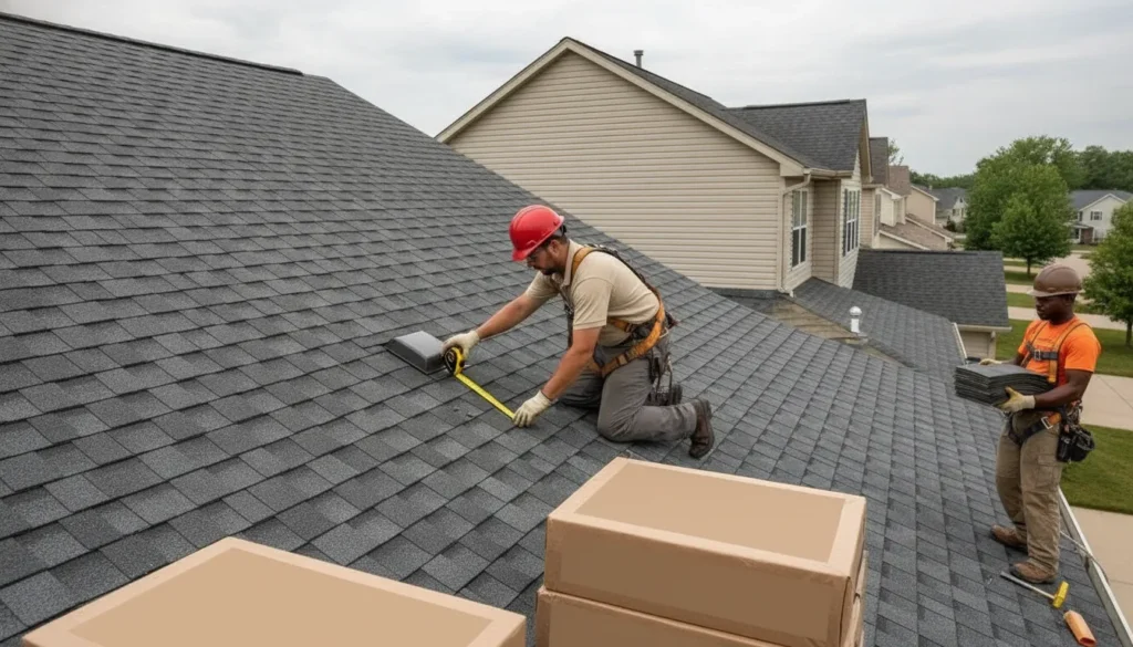 Roofer measuring an asphalt-shingle roof on a Minnesota home