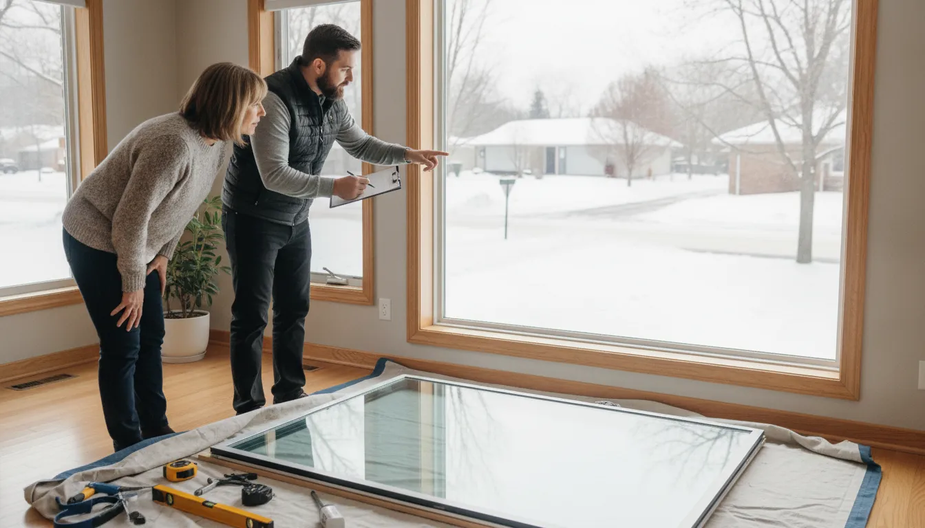 Professional reviewing a replacement window with a Minnesota homeowner