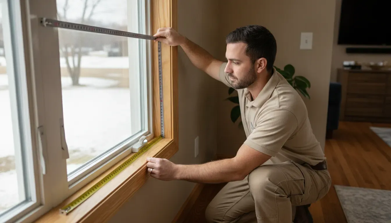 Homeowner and window installer measuring a replacement window opening in a Minnesota home