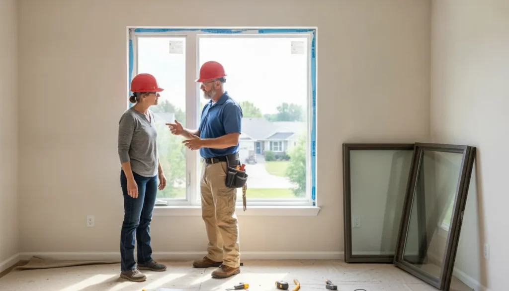 Homeowner and window installer inspecting a replacement window opening
