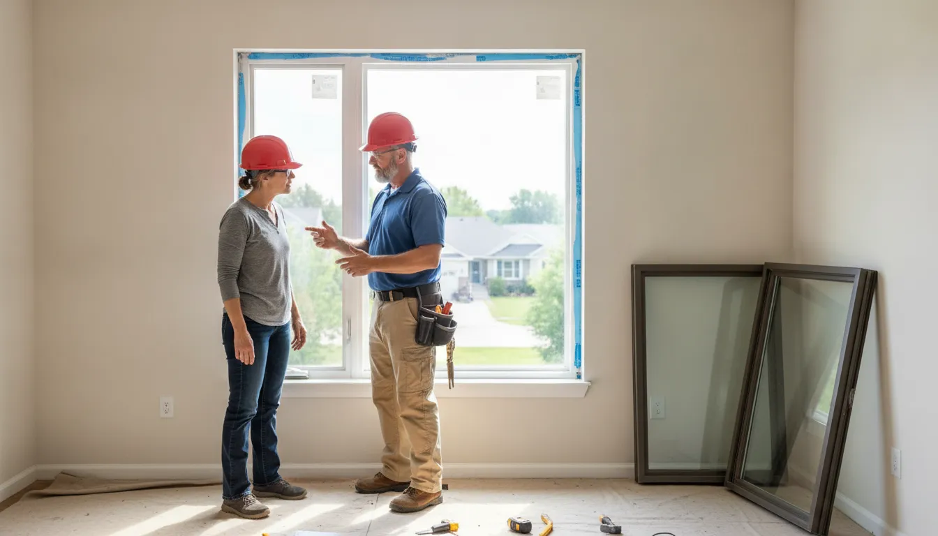 Homeowner and window installer inspecting a replacement window opening