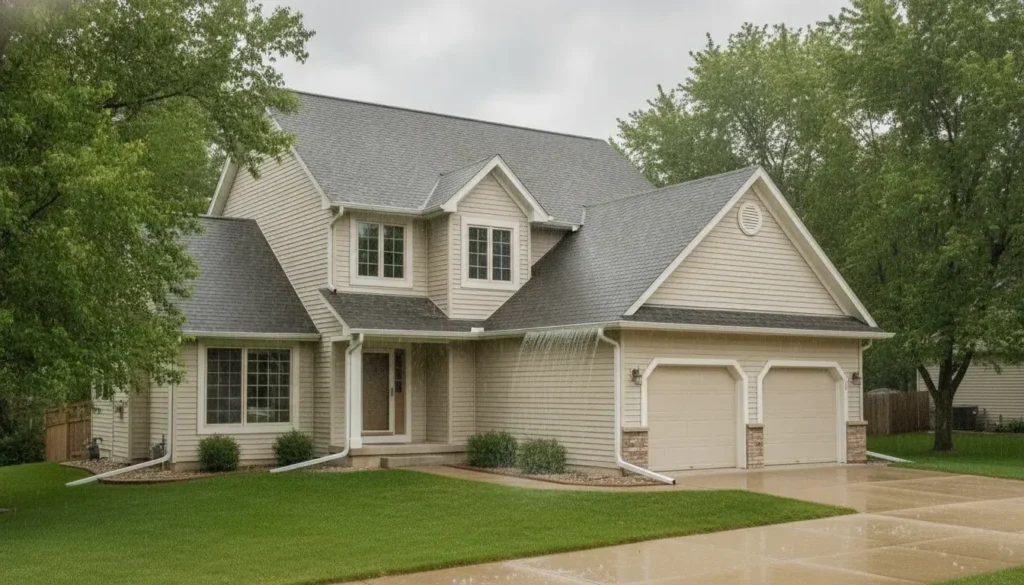 Rain gutters and downspouts on a Minnesota home during a summer rain