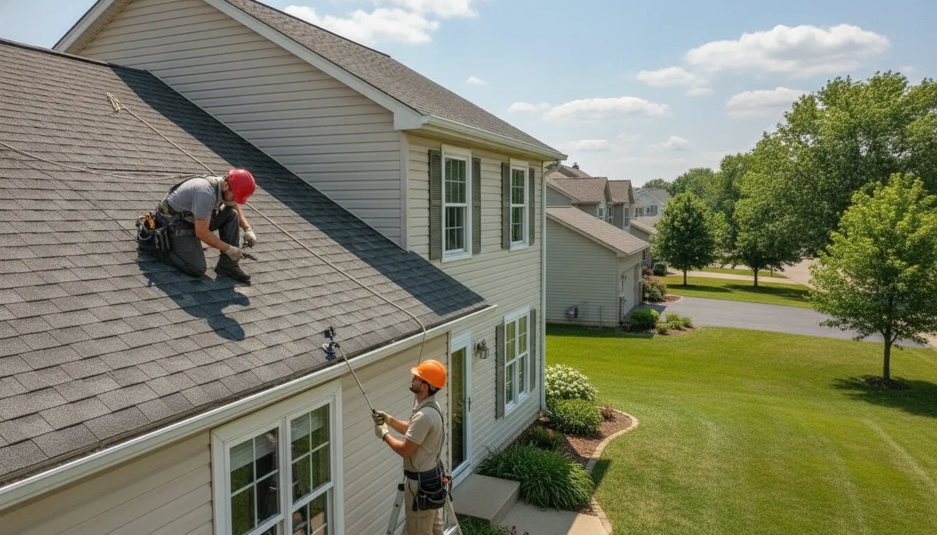 Minnesota homeowner reviewing roof and gutter work with an exterior professional