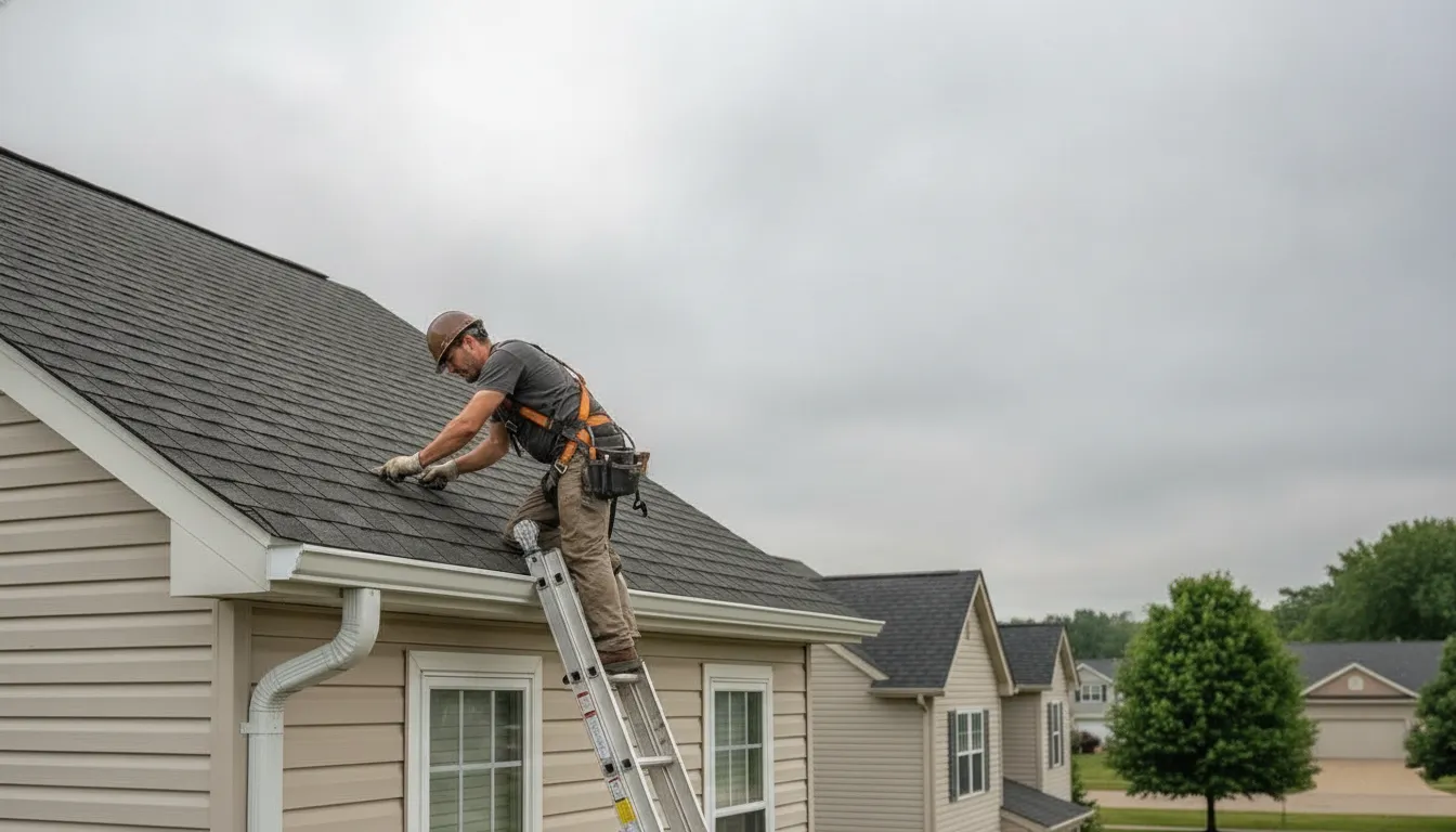 Roofer inspecting an asphalt-shingle roof at a Minnesota home