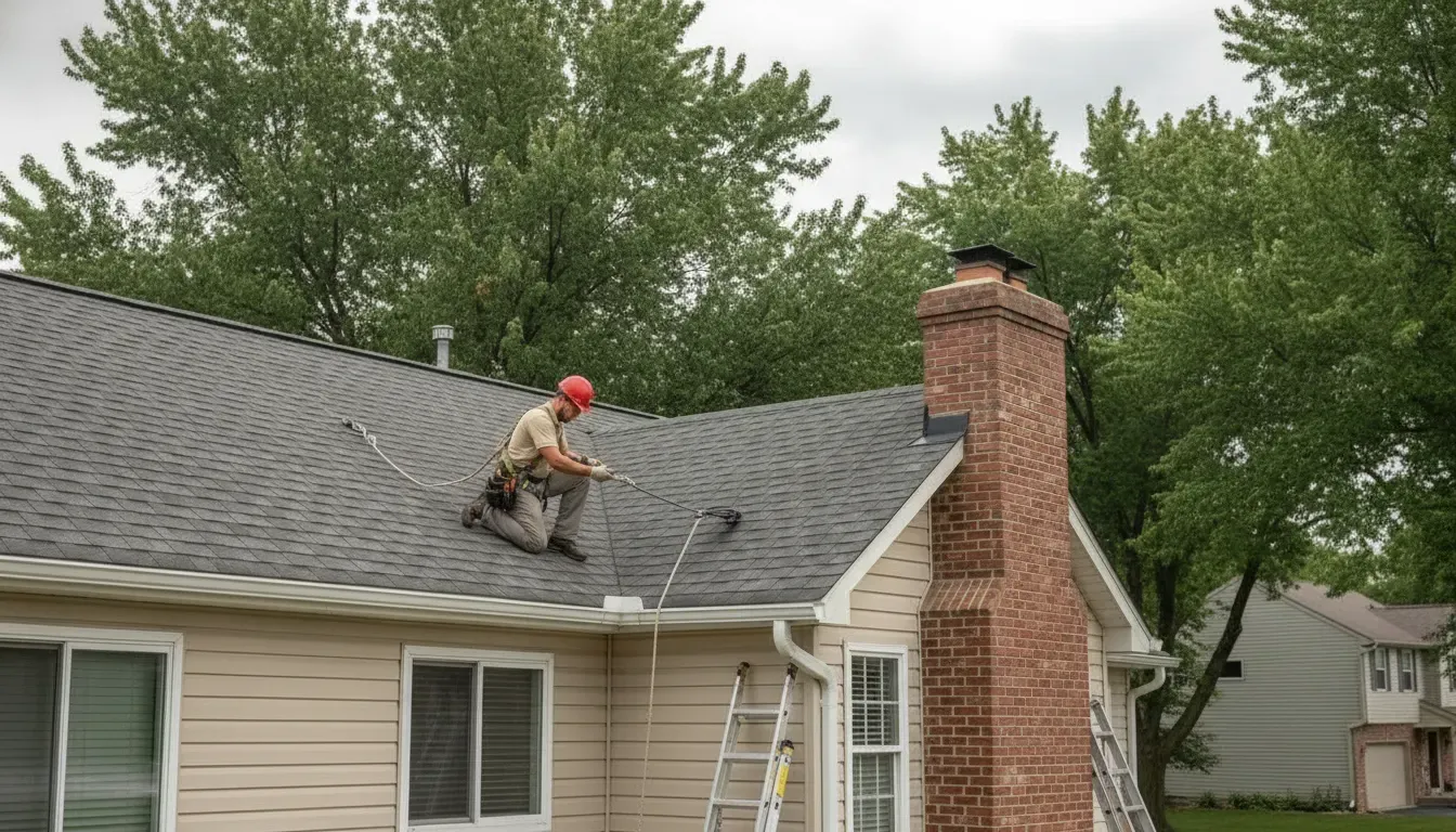Roofing professional inspecting a Minnesota home near Saint Michael