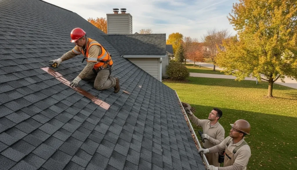 Roofing professional inspecting shingles on a Minnesota home
