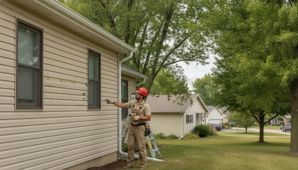 Contractor inspecting damaged siding on a Minnesota home