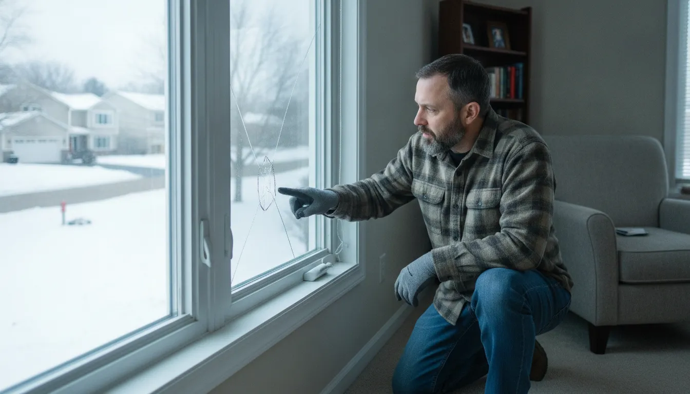 Minnesota homeowner inspecting a damaged residential window