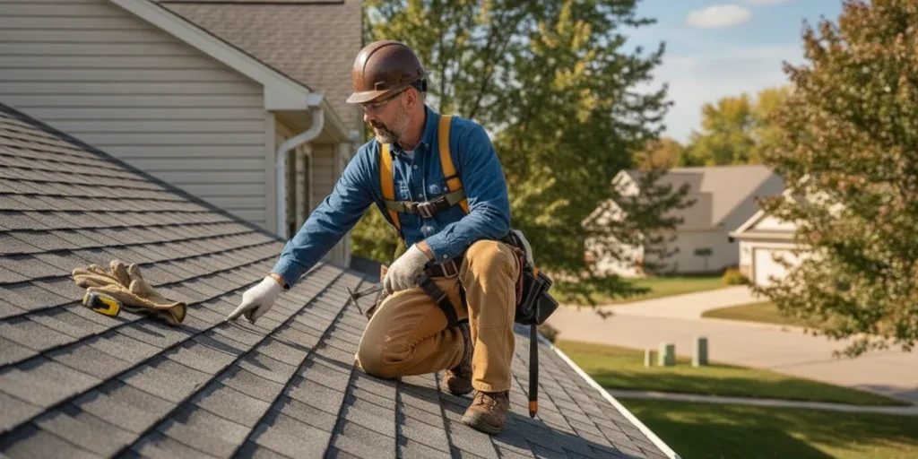 Roofing professional inspecting an asphalt-shingle roof on a Minnesota home