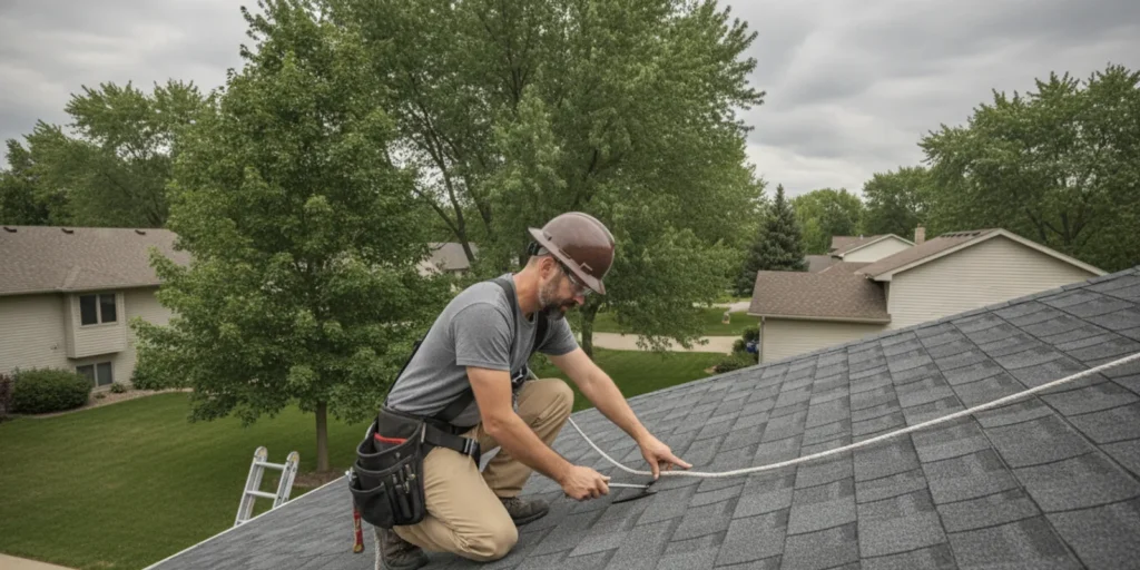 Roofing professional inspecting an asphalt-shingle roof on a Minnesota home