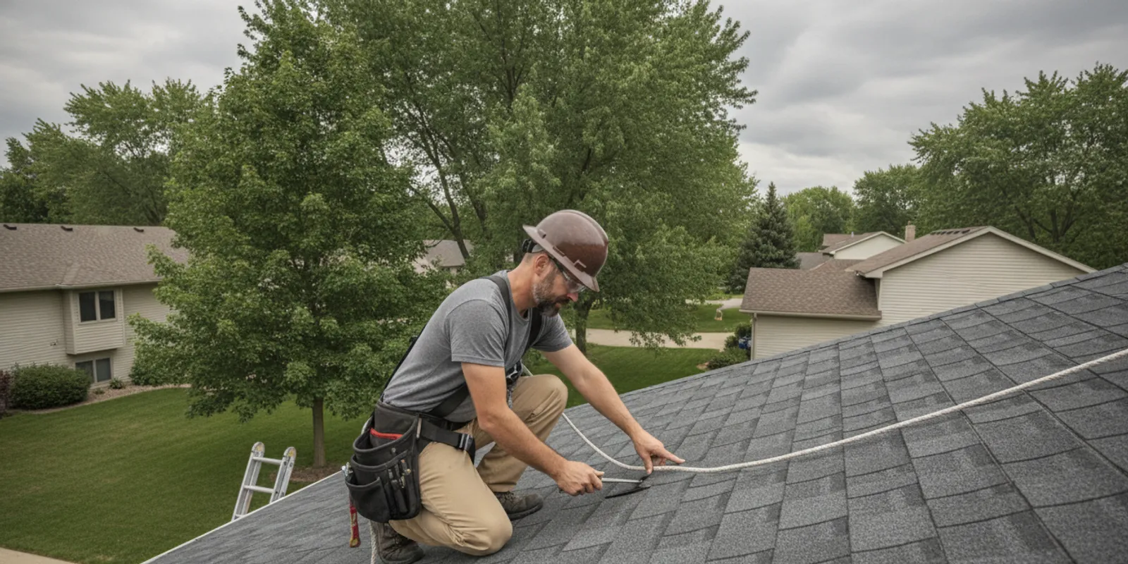 Roofing professional inspecting an asphalt-shingle roof on a Minnesota home