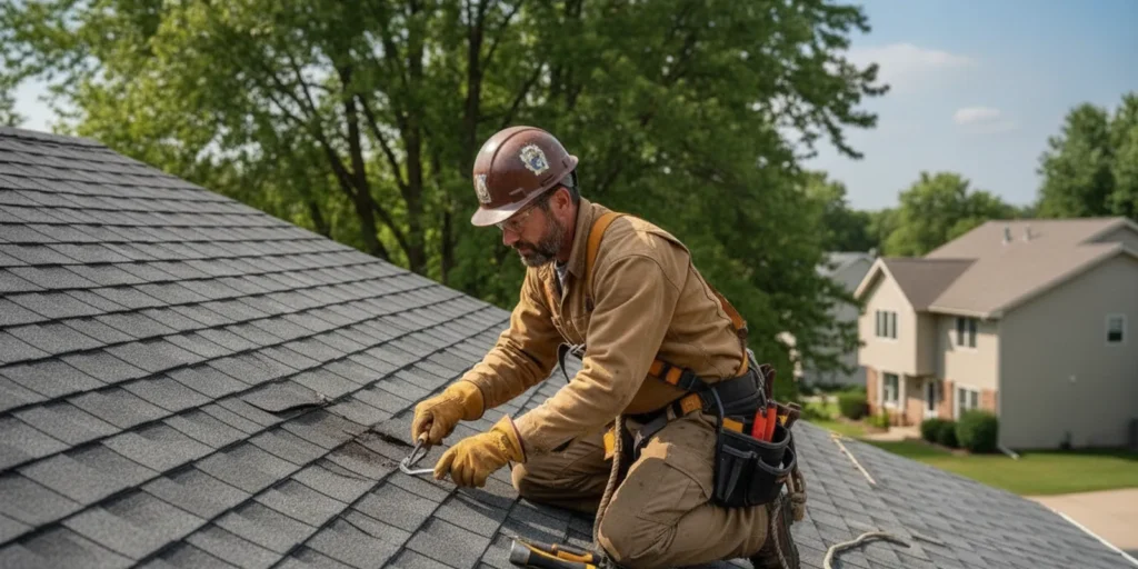 Residential roofer inspecting a Minnesota home's asphalt-shingle roof under a clear sky