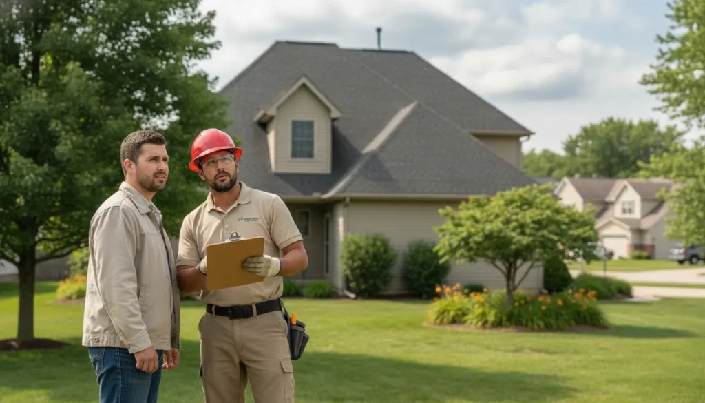 Homeowner and roofing professional reviewing a Minnesota roof
