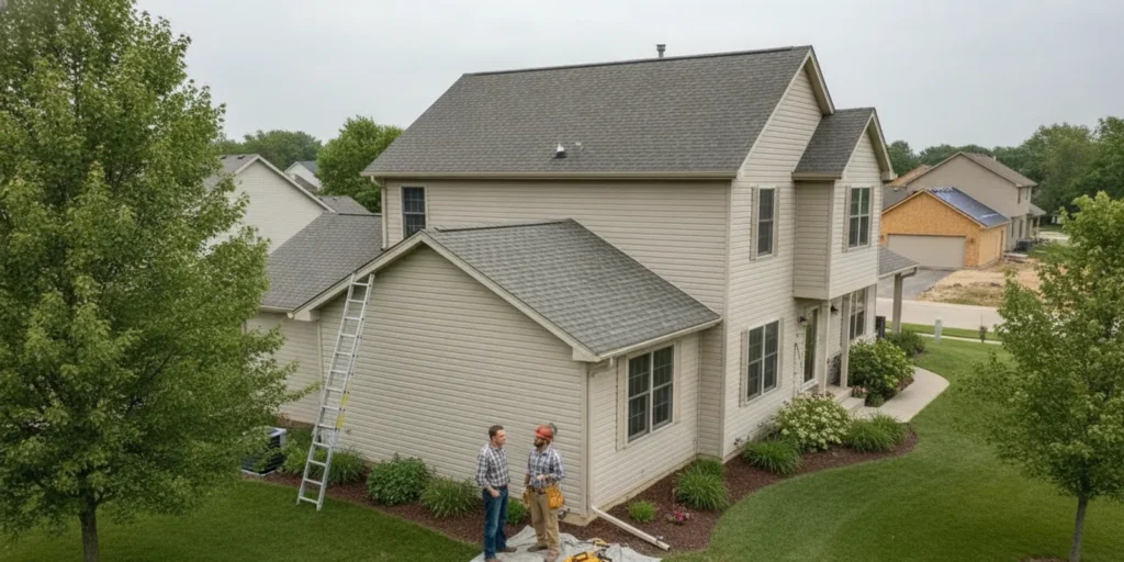 A Minnesota homeowner and roofing professional reviewing a residential roof from the yard