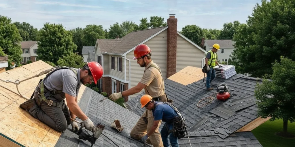 Roofing professional inspecting a Minnesota home's roof from a ladder