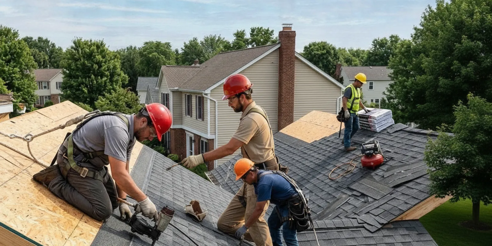 Roofing professional inspecting a Minnesota home's roof from a ladder