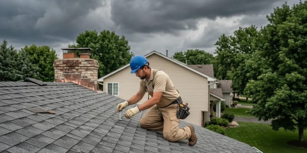 Roofing professional inspecting asphalt shingles on a Minnesota home in clear daylight